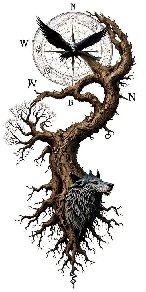 yggdrasil the world tree with a norse compass tangled in the roots. Hugin and Munin are flying above, fenrir below tattoo design idea
