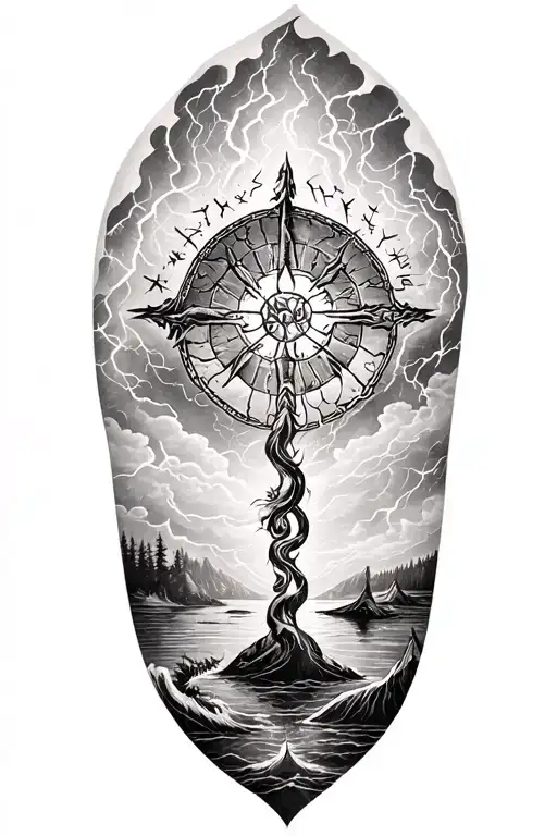 fjord and lightining storm and vegvisir and nature tattoo design idea