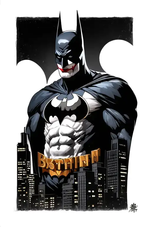 Can you generate a full sleeve for my right arm i want a realistic Gotham city skyline with other small Batman and joker tattoo design idea