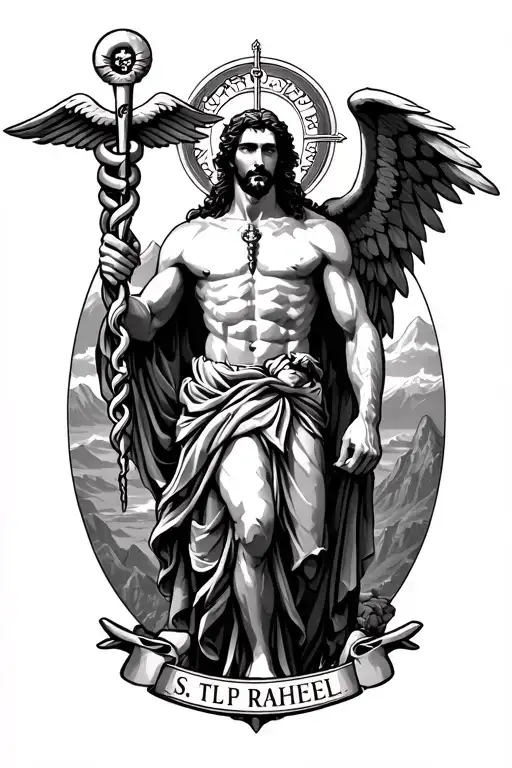 st Raphael holding a caduceus His body is covered mountain range tattoo design idea