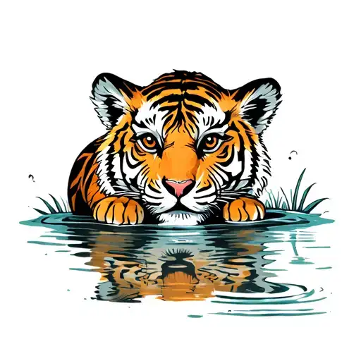 "Let them" tattoo with tiger cub sitting and looking down at reflection in the water tattoo design idea