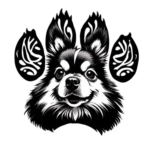 Pomeranian face in a dog paw print inside tattoo design idea