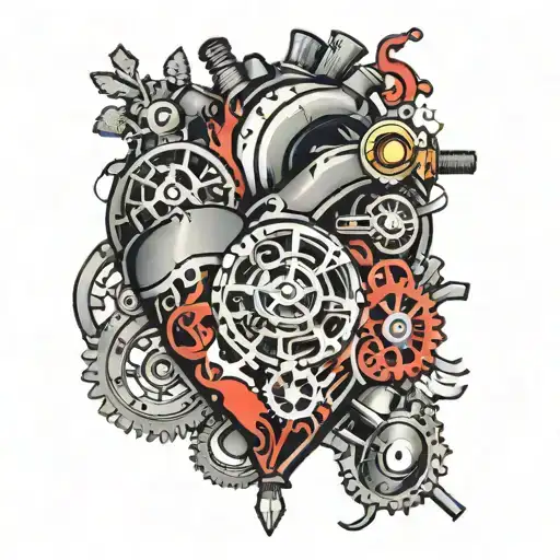 A mechanical heart with intricate gears and pistons, symbolizing patience and the importance of taking time to breathe tattoo design idea