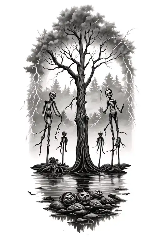 three voodoo doll sitting side by side and nature and lightning tattoo design idea