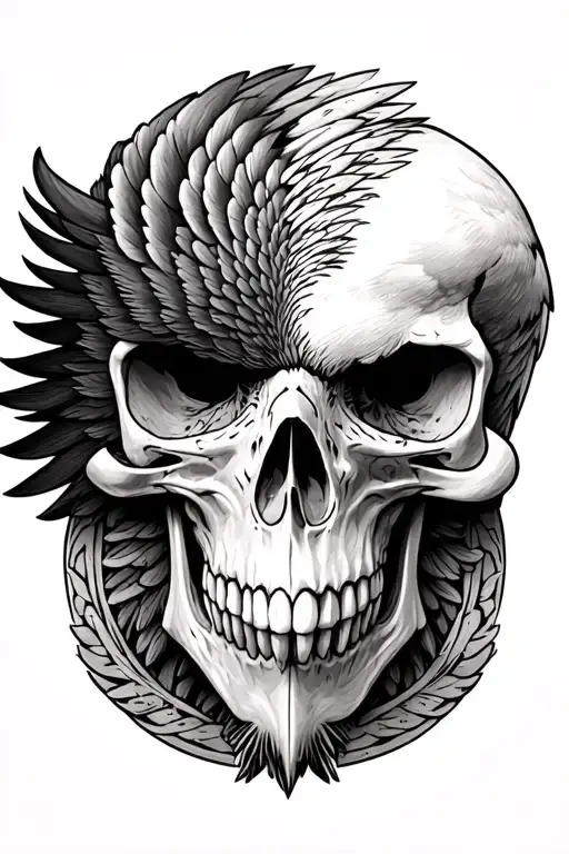 half eagle half eagle skull facing fowards with the works freedom in death and death in freedom engraved into it tattoo design idea