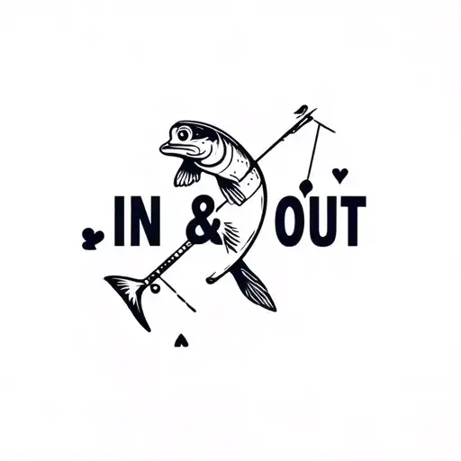 in and out logo with the words replaced with amigos, add elements of bass fishing, poker and golf to it tattoo design idea