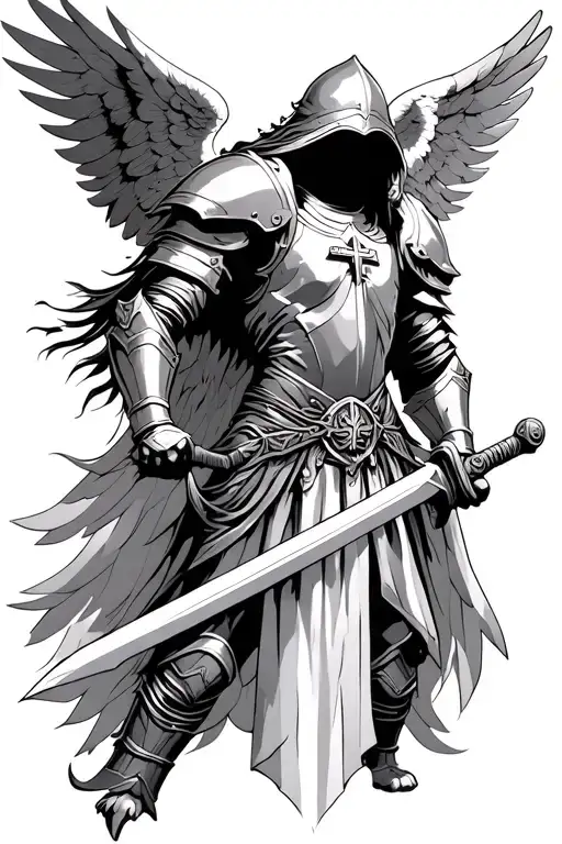 warrior angel with wings and wearing the armor of God, face is hidden and not too detailed holding a sword and ready for tattoo design idea