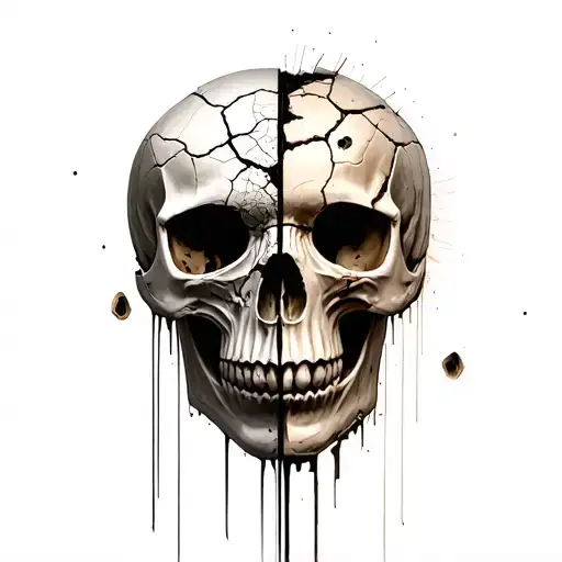 8 shattered human skulls side by side with bullet holes in them tattoo design idea
