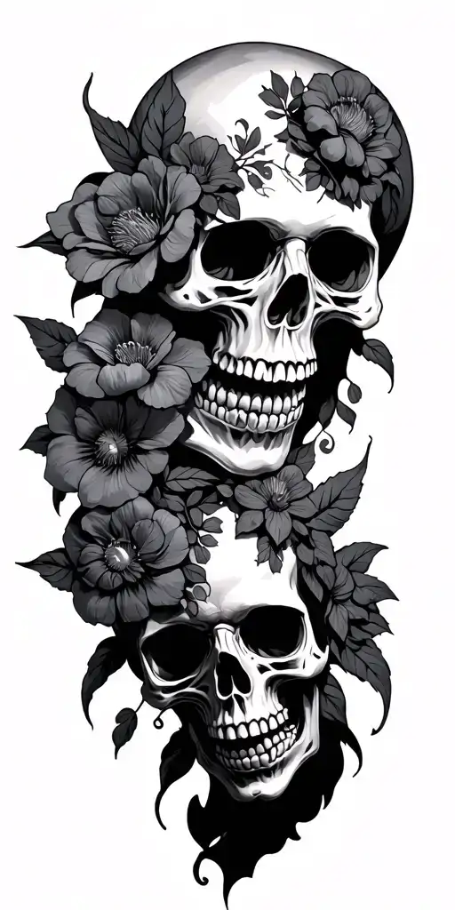 evil style skullls and dead flowers tattoo design idea