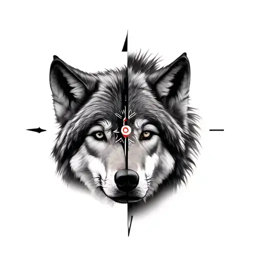 Half 3D compass half 3D wolf modern with two realistic children combined tattoo design idea