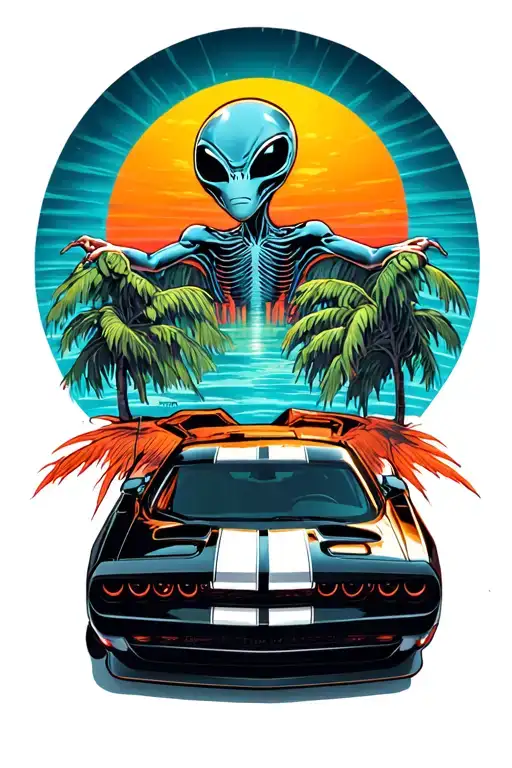 an alien lays on the roof of a black dodge challenger car in the florida sun tattoo design idea