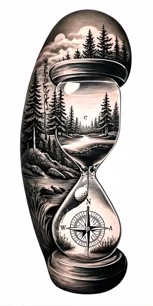 family and forest and hour glass and compass golf course tattoo design idea