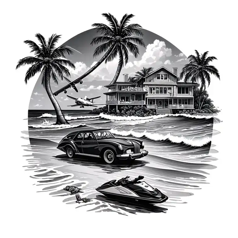 beach with palm trees and waves and jet skis and beach house and a car and a plane and booze and cigars and food tattoo design idea