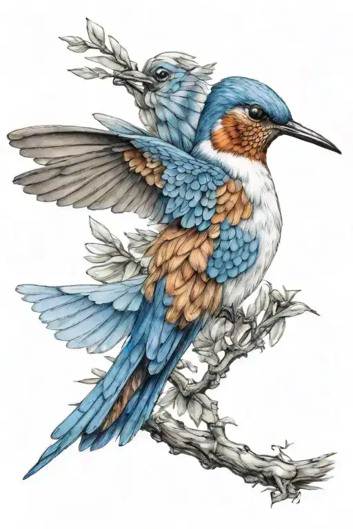 hummingbird and bluejay wing fused tattoo design idea