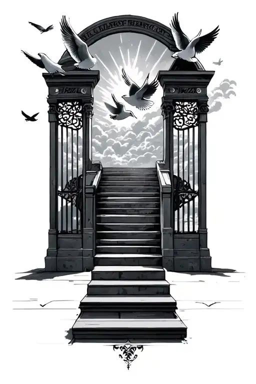 stairway to heaven gates doves flying and angles tattoo design idea