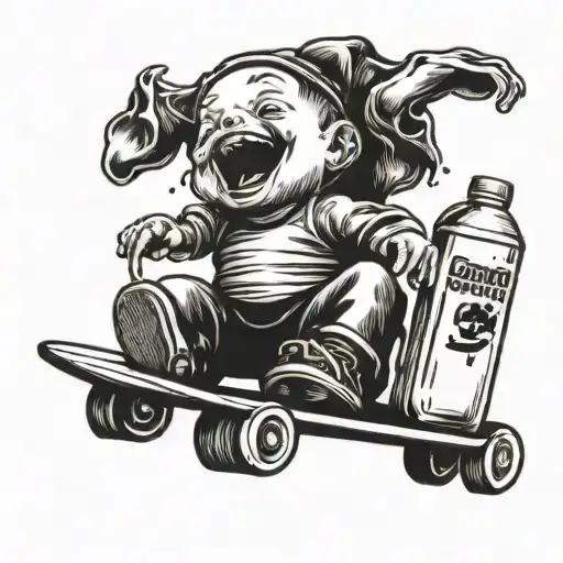 A surreal tattoo of a baby riding a milk carton like a skateboard, laughing joyfully tattoo design idea