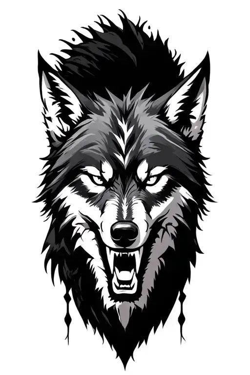 "From chaos, I was born again" upper an alpha wolf with scars and showing the teeth, a male warrior and tribal designs tattoo design idea