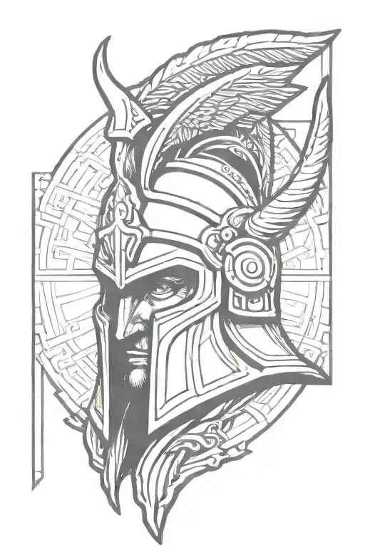 the geek god ares, horns on traditional Greek helmet in a 3/4 view through camera lens tattoo design idea