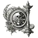 black and white death symbolism mixed with time running out, hour glass, planned chaos tattoo design idea