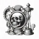 black and white death symbolism mixed with time running out, hour glass, planned chaos tattoo design idea