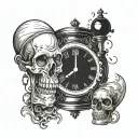 black and white death symbolism mixed with time running out, hour glass, planned chaos tattoo design idea