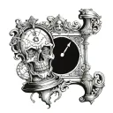 black and white death symbolism mixed with time running out, hour glass, planned chaos tattoo design idea