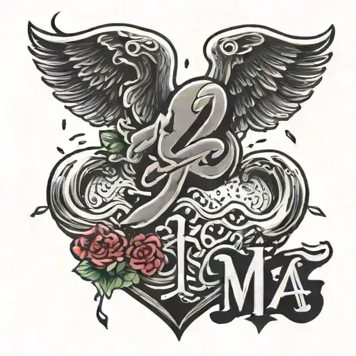 letters MA heart with wings of rain tattoo design idea