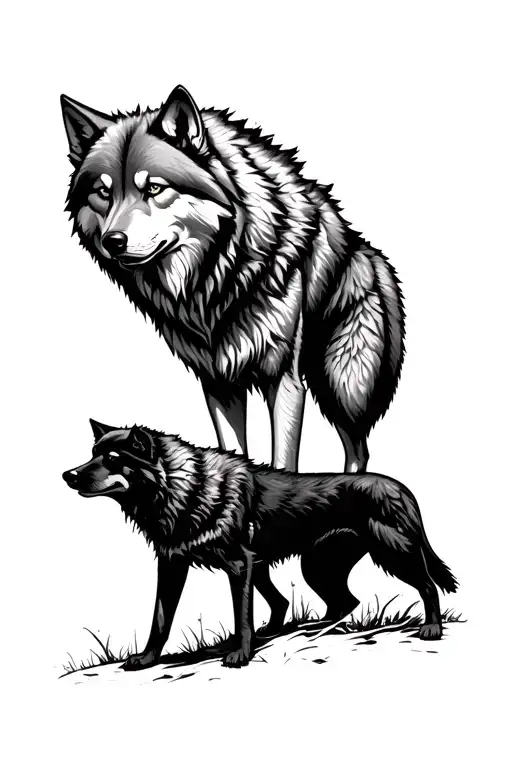 2 wolves, a lightly shaded wolf standing over a darkly shaded wolf who is defeated tattoo design idea