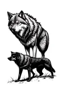 2 wolves, a lightly shaded wolf standing over a darkly shaded wolf who is defeated tattoo design idea