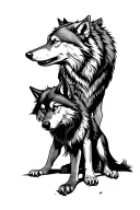 2 wolves, a lightly shaded wolf standing over a darkly shaded wolf who is defeated tattoo design idea