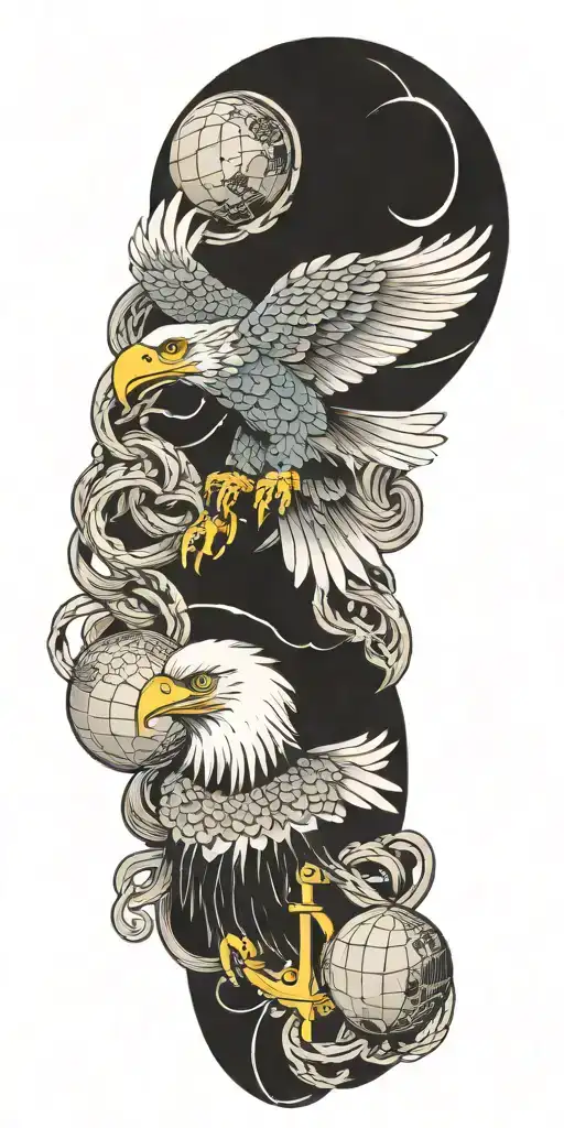 Eagle, globe and anchor intertwined tattoo design idea