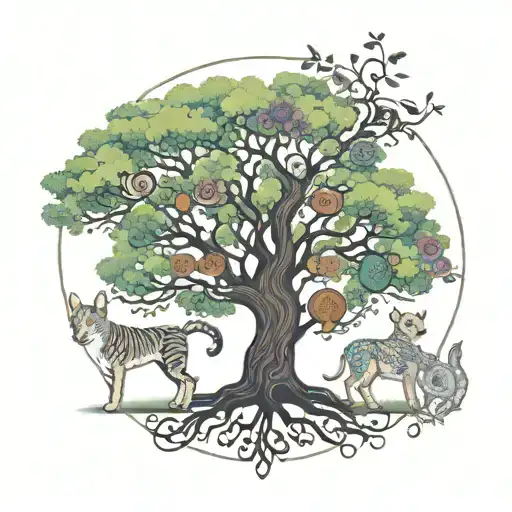 tree of life, 3 children, names Ilan Luan and Lio. with mandala. and 1 dog and 2 cats tattoo design idea