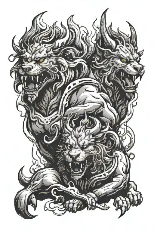 cerberus and hades Greek god with smoke and flames tattoo design idea