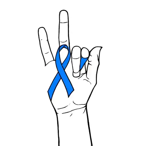 hand sign of I love you and blue cancer ribbon hanging off thumb  tattoo design idea