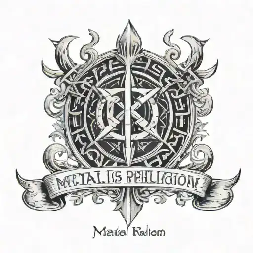 A symphonic metal inspired tattoo featuring a Viking symbol and the text 'METAL IS RELIGION' tattoo design idea