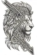 an arrow that splits a lions face with ukrainian embroidery as its mane tattoo design idea