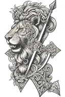 an arrow that splits a lions face with ukrainian embroidery as its mane tattoo design idea