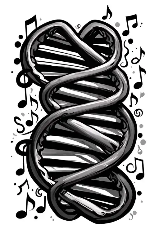 Double stranded DNA made of music notes, symbols of faith, and symbols of love tattoo design idea