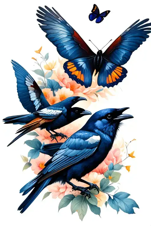crows chasing butterflies tattoo design idea