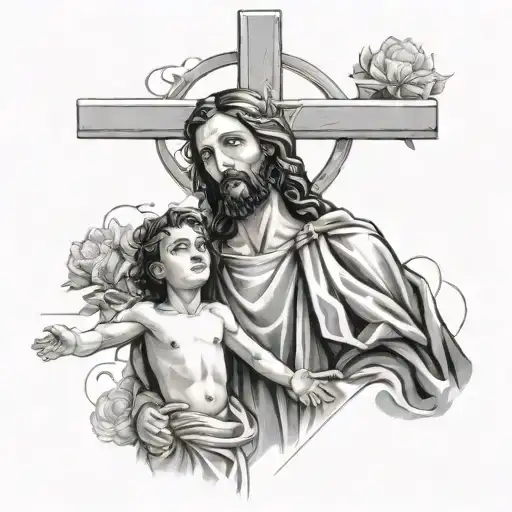 dad eh son son on a cross of Jesus Christ tattoo design idea