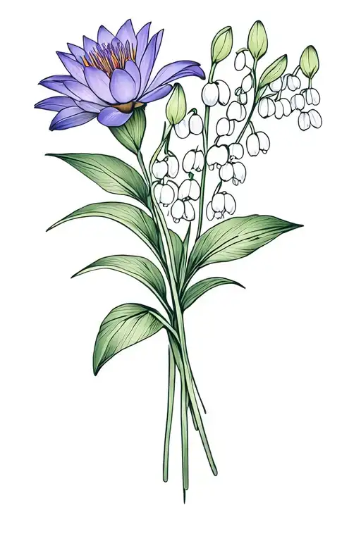 small bouquet of water lily, lily of the valley, and violet tattoo design idea