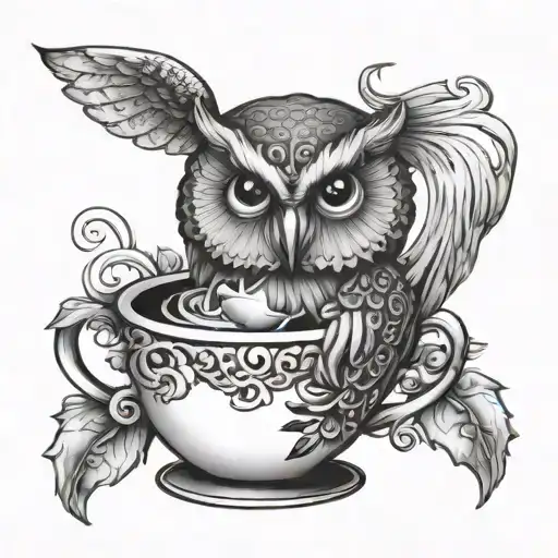 Owl in teacup Magic potion bottle tattoo design idea