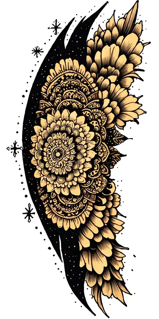 small mandalas surrounded by big black negative spaces embellished with micro twinkles and crosses  tattoo design idea