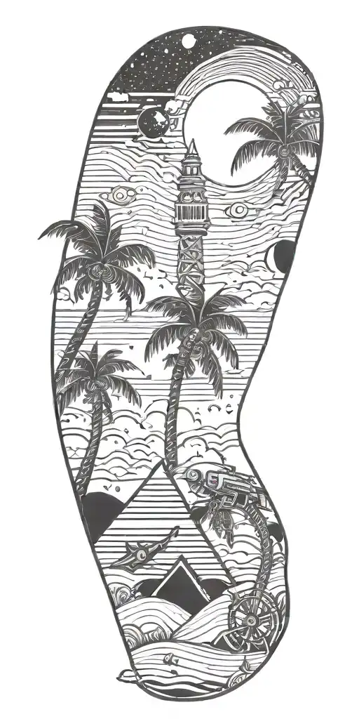 outer space, palm tree, galaxy, pyramid, shoal wintergreen dip can in the sand with a sunset, ray gun,  tattoo design idea