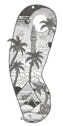 outer space, palm tree, galaxy, pyramid, shoal wintergreen dip can in the sand with a sunset, ray gun,  tattoo design idea
