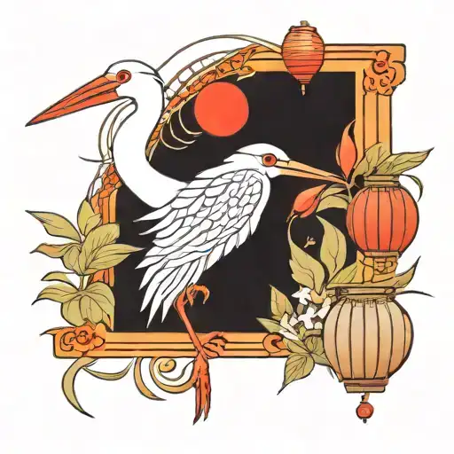 Hieroglyphs and a small stork made of black lines. There are also Japanese lanterns, lilies and a fan made of red lines tattoo design idea