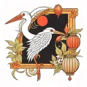 Hieroglyphs and a small stork made of black lines. There are also Japanese lanterns, lilies and a fan made of red lines tattoo design idea