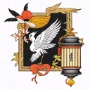 Hieroglyphs and a small stork made of black lines. There are also Japanese lanterns, lilies and a fan made of red lines tattoo design idea