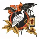 Hieroglyphs and a small stork made of black lines. There are also Japanese lanterns, lilies and a fan made of red lines tattoo design idea