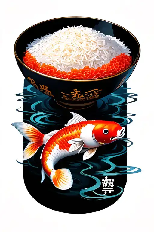 Japanese rice bowl with 二百二十二 永 symbol and incorporate koi fish  tattoo design idea